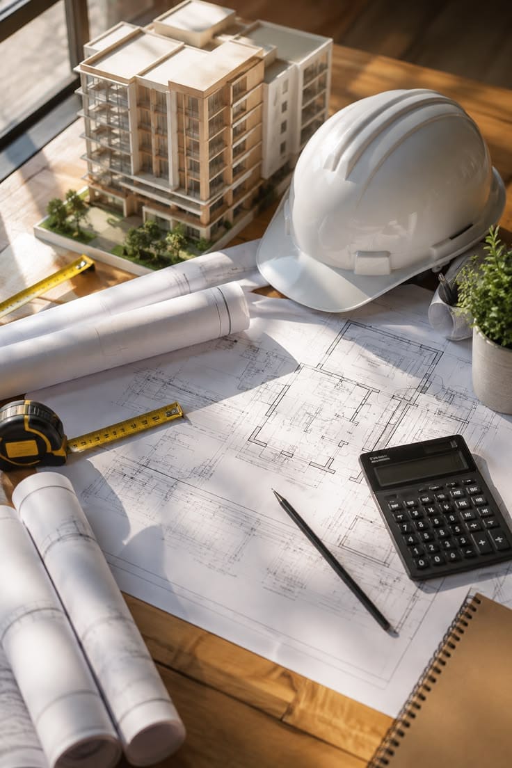 Building plans, hard hat and model on an engineer's desk — HVAC design stage
