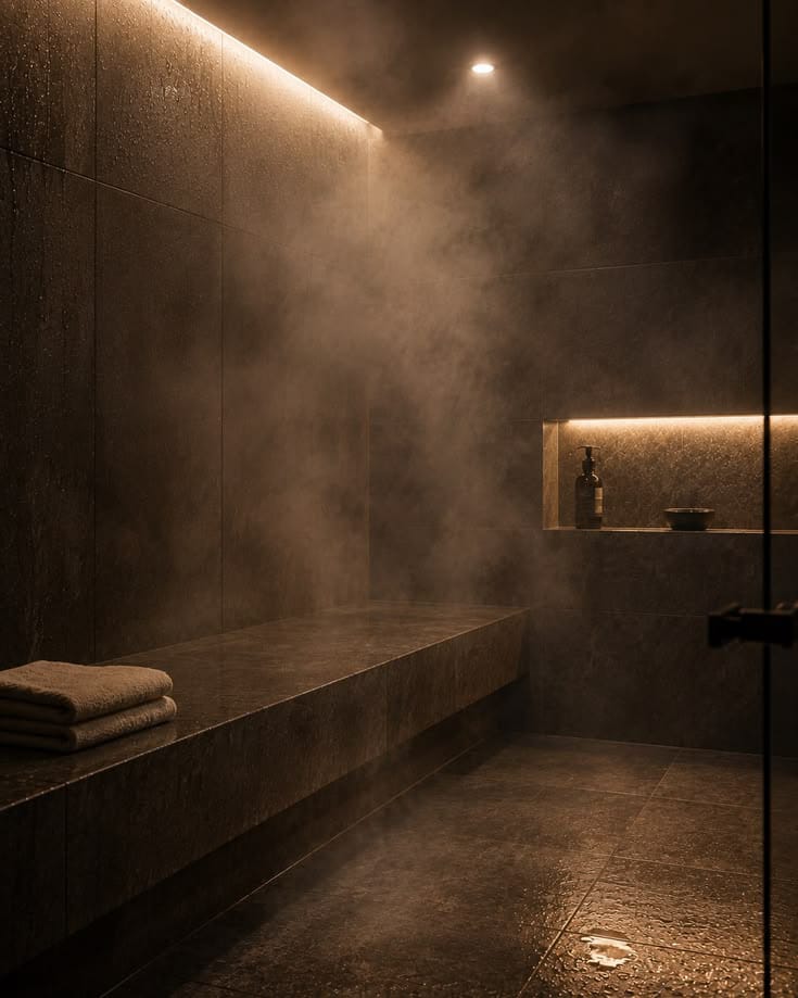 Tiled steam bath interior filled with steam